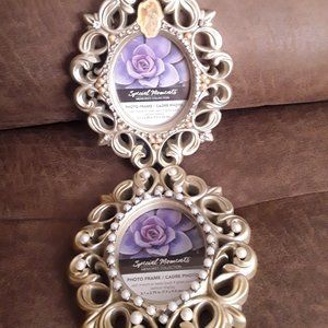 2 oval frames gold tone embellished by pearl and crystal. Price for both.